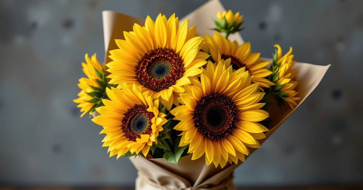 a-bouquet-of-sunflowers-in-brown-kraft-paper-with-twine